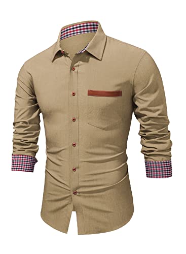 JMIERR Freizeithemd Herren Hemd Langarm Denim Shirt Langarmhemd Cowboy-Style Jeanshemd männer Kent-Kragen Business Casual,Khaki 2XL von JMIERR