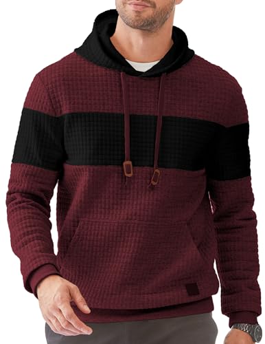 JMIERR Kapuzenpullover Herren Pullover Langarm Hoodie Herren Warm Jacquard Casual Farbblock Sweatshirt mit Taschen Rot S von JMIERR