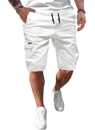 JMIERR Kurze Hosen Herren Baumwolle Cargo Shorts Herren Sommer Freizeithose mit Taschen Weiß 2XL von JMIERR
