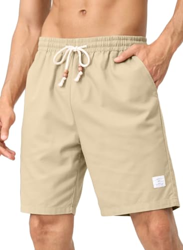 JMIERR Strand Casual Shorts Herren - Sommer Atmungsaktiv Leinen Baumwolle Kurze Hosen Bermuda Elastische Taille mit 3 Taschen Beige S von JMIERR