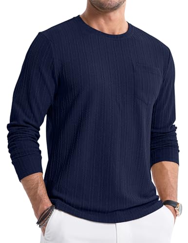 JMIERR Longsleeve Langarmshirt Herren Pullover Strickpullover Rundhals T-Shirts Longshirt Modern Leichte Basic Solid Winter Oberteile Männer für Herren mit Tasche Blau L von JMIERR