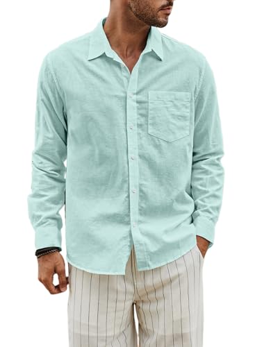 JMIERR Leinenhemd Herren Hemd Herren Langarm Sommerhemd Herren Button-Down Regular Fit Freizeithemd, Grün 2XL von JMIERR