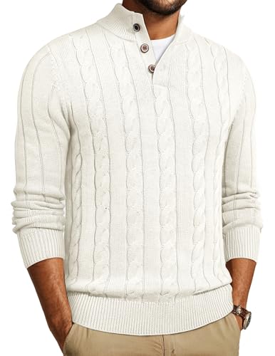 JMIERR Pullover Herren 1/4-Knöpfe Neck Rollkragenpullover Turtleneck Strickpullover Freizeit Sweater Winterpullover Pulli Langarm Basic Männer Pullover Weiß XL von JMIERR