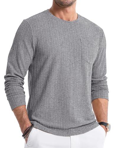 JMIERR Pullover Herren Pullover Shirt Langarm Strickpullover Rundhals T-Shirts Longshirt Modern Leichte Basic Solid Winter Oberteile Männer Tops für Herren mit Tasche Grau 2XL von JMIERR