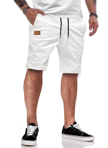 JMIERR Shorts Herren Sommer Freizeit Chino Stretch Baumwolle Elastische Taille mit Taschen Weiß L von JMIERR