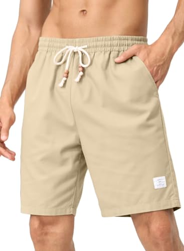 JMIERR Strand Casual Shorts Herren - Sommer Atmungsaktiv Leinen Baumwolle Kurze Hosen Bermuda Elastische Taille mit 3 Taschen Beige L von JMIERR