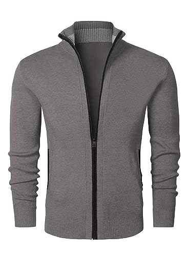 JMIERR Strickjacke Herren Cardigan Fleecejacke Sweatjacke Trachtenjacke Gestrickt Wintermantel mit Reißverschluß und Taschen Grau L von JMIERR