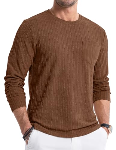 JMIERR Pullover Rundhals Herren Langarmshirts Strickpullover T-Shirts Longshirt Modern Leichte Basic Solid Winter Oberteile Männer für Herren mit Tasche Braun 2XL von JMIERR
