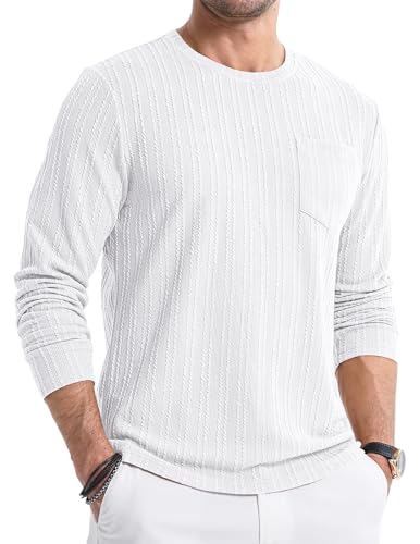 JMIERR Herren Pullover Dünner Langarmshirt Strickpullover Rundhals T-Shirts Longshirt Modern Leichte Basic Solid Winter Oberteile Männer für Herren mit Tasche Weiß 3XL von JMIERR
