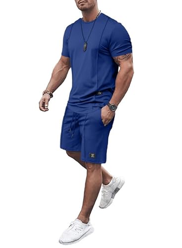 JMIERR T Shirt mit Short 2 Piece Sommer Trainingsanzug Set mit Taschen 2023 Baggy Freizeitanzug und Kurze Hose Regular Fit,Dunkelblau 3XL von JMIERR