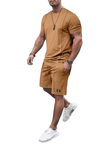 JMIERR T Shirt mit Short 2 Piece Sommer Trainingsanzug Set mit Taschen 2023 Baggy Freizeitanzug und Kurze Hose Regular Fit,Khaki 3XL von JMIERR