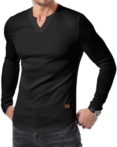 JMIERR T-Shirts für Herren Geteilter Kragen Ribbed T-Shirt Muscle Slim Fit 2024 Basic Langarm Shirts Hem Schwarz M von JMIERR
