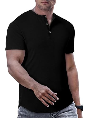 JMIERR T-Shirts für Herren Henley Shirt Kurzarm Muscle Slim Fit Basic T Shirt 2024 Sommer Button Hem Schwarz S von JMIERR