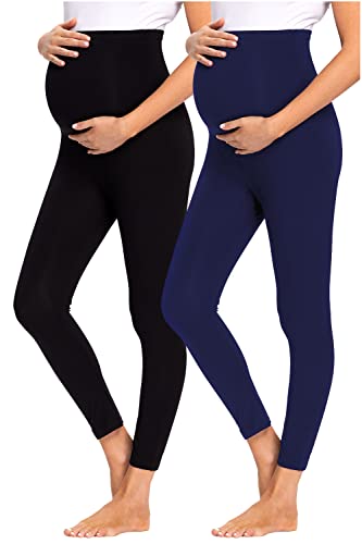 JMITHA Umstandsleggings, 2er Pack Lange Umstandshose Leggings Baumwolle Stretch Dünn Schwangerschaft Hosen Sport Leggings Damen Jogginghose Freizeithose für Schwangere (Schwarz+Blau, S) von JMITHA