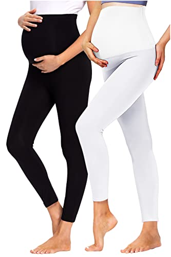 JMITHA Umstandsleggings, 2er Pack Lange Umstandshose Leggings Baumwolle Stretch Dünn Schwangerschaft Hosen Sport Leggings Damen Jogginghose Freizeithose für Schwangere (Schwarz+Weiß, M) von JMITHA