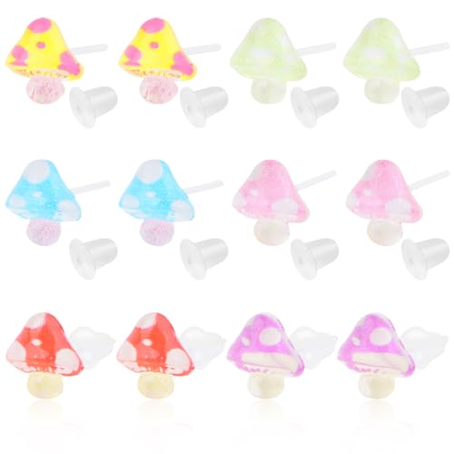 6 Paar Kunststoff-Pilz-Ohrringpfosten, niedlicher Pilzförmiger Ohrringstecker mit transparenten Kugel-Ohrring-Verschlüssen für Frauen, empfindliche Ohren, Arbeit, Zuhause, Ersatz, 6 Farben von JMKTOOL