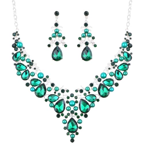 JMKTOOL Schmuck-Set für Damen, 1 Set grüne Perlenkristall-Halskette und baumelnde Ohrringe, elegante Brautschmuck, Blumenmuster, Tropfenform, Statement-Halskette, Ohrringe für Party, Abschlussball JMKTOOL Schmuck-Set für Damen, 1 Set grüne Perlenkristall-Halskette und baumelnde Ohrringe, elegante Brautschmuck, Blumenmuster, Tropfenform, Statement-Halskette, Ohrringe für Party, Abschlussball von JMKTOOL