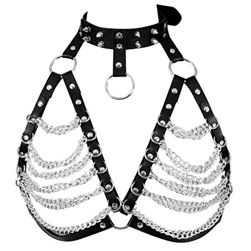 Frauen Punk Leder Metall Kette Harness BH Gothic Tops Body Cage Taillengürtel Anpassen Halloween Festival Rave Kostüm (Schwarzes Silber) von JMMHSS