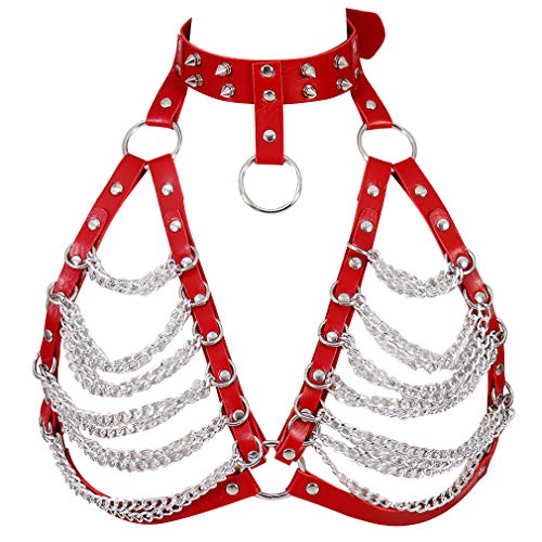 Frauen Punk Leder Metall Kette Harness BH Gothic Tops Body Cage Taillengürtel Anpassen Halloween Festival Rave Kostüm (rot) von JMMHSS