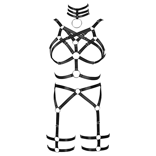 JMMHSS Damen Body Harness Dessous Cage Harness BH Riemchen Full Hollow Bein Strumpfband Gürtel Set Goth Rave Wear (Schwarz) von JMMHSS