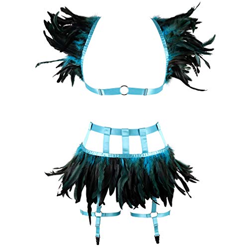 JMMHSS Damen Feder Harness BH Strap Ganzkörperrahmen Epaulette Schulter Flügel Strumpfgürtel Gothic Halloween Dance Rave (Himmelblau) von JMMHSS