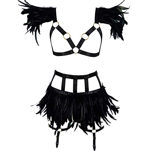 JMMHSS Damen Federn Body Harness Schulterklappen Flügel Punk Gothic Beinstrumpf Fotografie Tanz Kostüm Zubehör (Schwarz) von JMMHSS