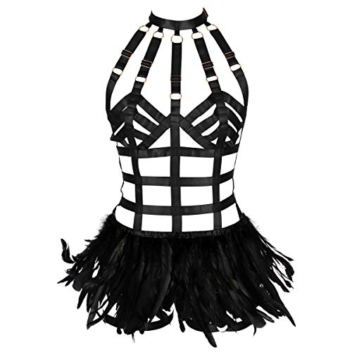 JMMHSS Damen Federn Ganzkörper Harness Dessous Strap Plus Size Taille Strumpfband Set Punk Gothic Dance Rave (Schwarz) von JMMHSS