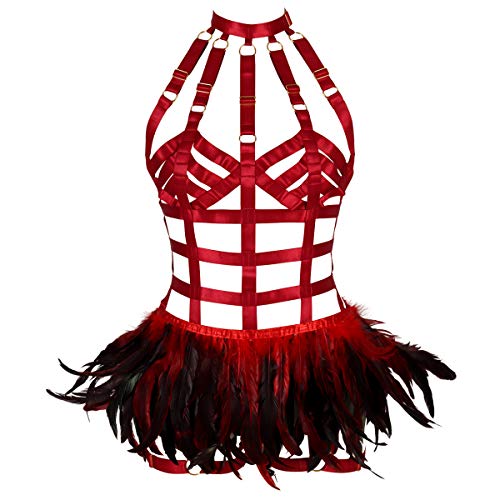 JMMHSS Damen Federn Ganzkörper Harness Dessous Strap Plus Size Taille Strumpfband Set Punk Gothic Dance Rave (Weinrot) von JMMHSS