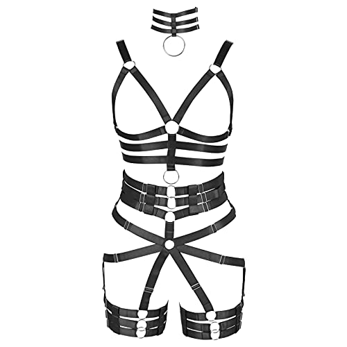 JMMHSS Damen Ganzkörper Harness BH Brustgurt Taillengürtel Dessous Käfig Set Strumpfhalter Punk Gothic Dance (Schwarz) von JMMHSS