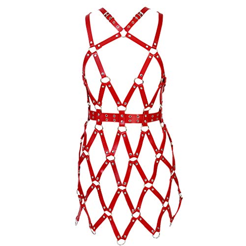 JMMHSS Damen Gothic Leder Body Harness Strumpfgürtel Body Chain verstellbar mit Schnallen (rot) von JMMHSS