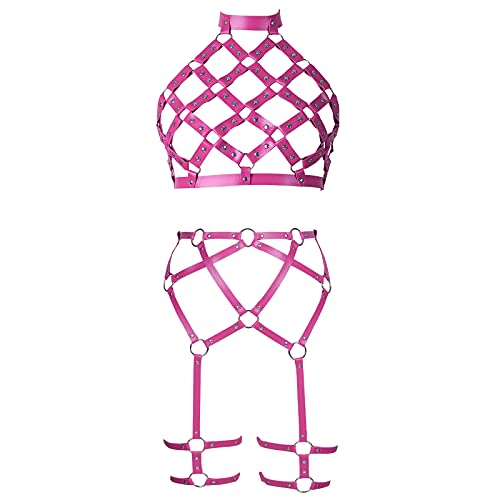 JMMHSS Damen Leder Body Harness BH Brustgurt Dessouskäfig Set Taillengürtel Punk Gothic (Rosenrot) von JMMHSS