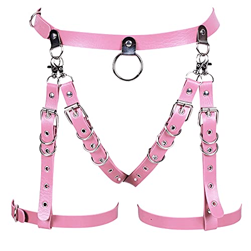 JMMHSS Damen PU Leder Beinstrumpf Käfig Body Harness Gürtel Verstellbarer Taillengürtel Festival Rave Kostüm (Rosa) von JMMHSS