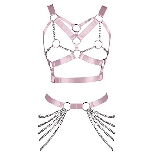 JMMHSS Damen Punk Body Chain Harness Dessous Volle Taille Strumpfgürtel Set Riemchenrahmen Käfig Rave BHS (Rosa) von JMMHSS