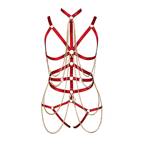 JMMHSS Frauen Body Chain Harness Dessous Full Cage Brustgurt Strumpfband Punk Gothic Stretchy Stoff Halloween Rave (Weinrot) von JMMHSS