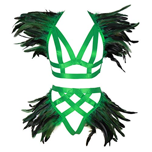 JMMHSS Frauen Federn Body Harness Punk Gothic Dessous Strumpfband Festival Rave Dance Zubehör (Frucht grün) von JMMHSS