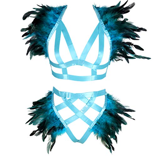 JMMHSS Frauen Federn Body Harness Punk Gothic Dessous Strumpfband Festival Rave Dance Zubehör (Himmelblau) von JMMHSS