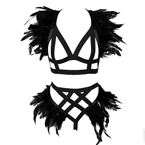 JMMHSS Frauen Federn Body Harness Punk Gothic Dessous Strumpfband Festival Rave Dance Zubehör (Schwarz) von JMMHSS