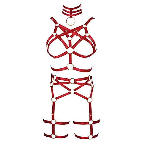 JMMHSS Frauen Ganzkörper Harness Strumpfgürtel Punk Verstellbarer Harness Body Riemchen Dessous Strumpfgürtel Set (Weinrot) von JMMHSS