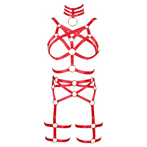 JMMHSS Frauen Ganzkörper Harness Strumpfgürtel Punk Verstellbarer Harness Body Riemchen Dessous Strumpfgürtel Set (rot) von JMMHSS