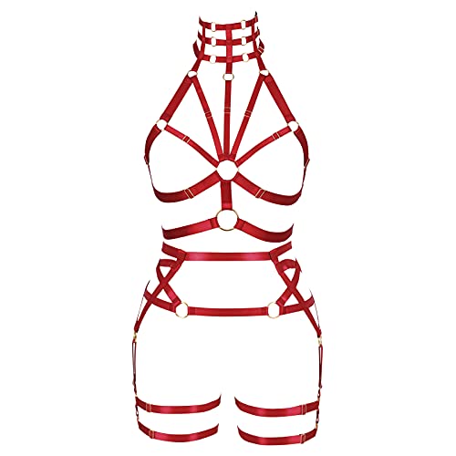 JMMHSS Frauen Gothic Body Harness Strumpfband Punk Cut Out Harness Body Full Riemchen Dessous Strumpfgürtel Set (Weinrot) von JMMHSS