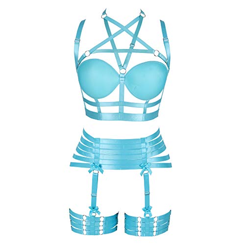 JMMHSS Frauen Pentagramm Body Harness BH Dessous Strumpfband Set Elastische Punk Gothic Festival Rave Wear (Himmelblau) von JMMHSS