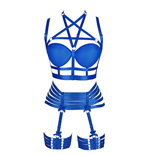 JMMHSS Frauen Pentagramm Body Harness BH Dessous Strumpfband Set Elastische Punk Gothic Festival Rave Wear (Königsblau) von JMMHSS