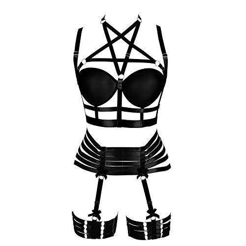 JMMHSS Frauen Pentagramm Body Harness BH Dessous Strumpfband Set Elastische Punk Gothic Festival Rave Wear (Schwarz) von JMMHSS