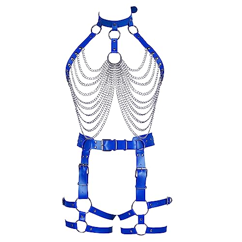 JMMHSS Frauen Plus Size Body Chain Strumpfband Gürtel Set Hollow Out Harness BH Punk Festival Rave Wear (Königsblau) von JMMHSS