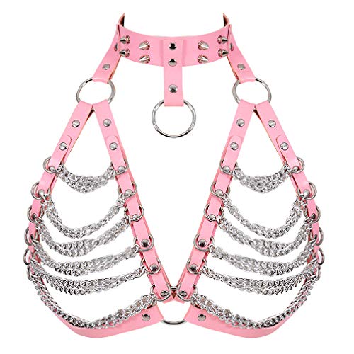 Frauen Punk Leder Metall Kette Harness BH Gothic Tops Body Cage Taillengürtel Anpassen Halloween Festival Rave Kostüm (Rosa) von JMMHSS