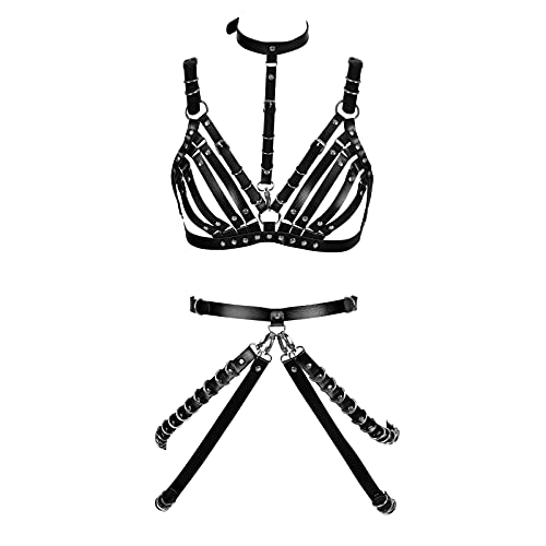 JMMHSS Ganzkörper-Leder-Harness-Set Damen-BH-Käfig Punk Gothic Strumpfband Brustgurt Taillengürtel Dessous (Schwarz) von JMMHSS