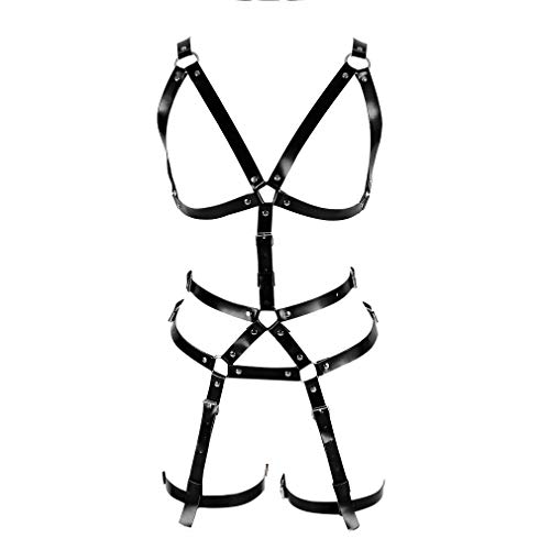 JMMHSS Ganzkörper-Leder-Harness-Set Damen-BH-Käfig Punk Gothic Strumpfband Taillengürtel Dessous Übergröße (Schwarz) von JMMHSS