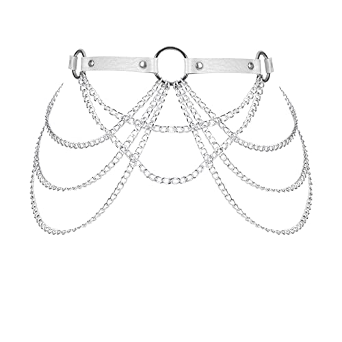 JMMHSS Punk Taillenkette Gürtel Leder geschichtete Körperketten Rave Körperschmuck Zubehör für Frauen und Mädchen (Weiß) von JMMHSS