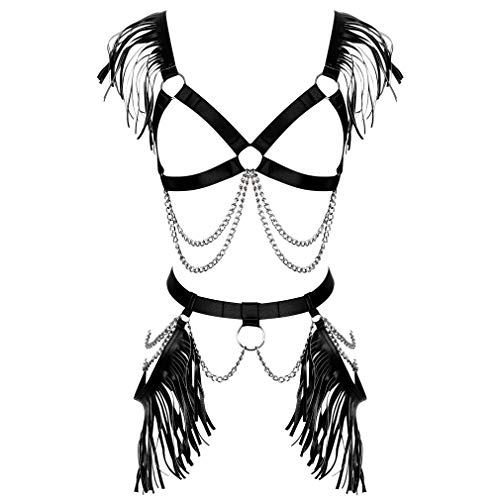 JMMHSS Womens Body Harness Gürtel Metallkette Body Quaste Punk Festival Dance Rave Kostüme Strumpfgürtel (Schwarz) von JMMHSS