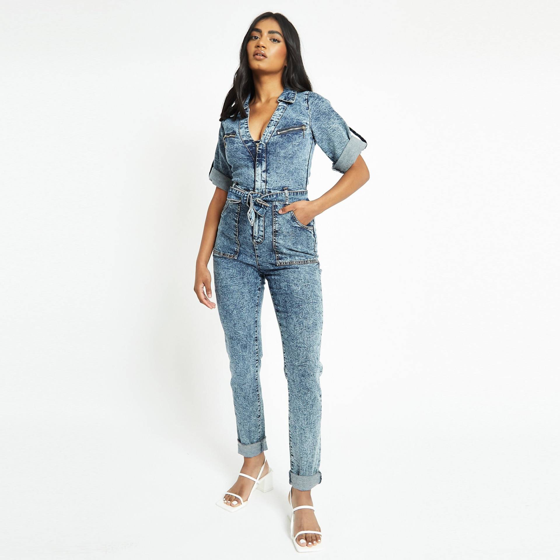 Acid Wash Denim Jumpsuit Kurzarm Damen-Latzhose Mit Gürtel Acid Wash Denim Jumpsuit Kurzarm Damen-Latzhose Mit Gürtel von JMOJOBoutique